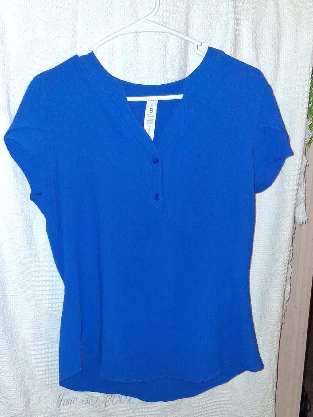 Royal Blue Henley Style Top With Tulip Sleeves